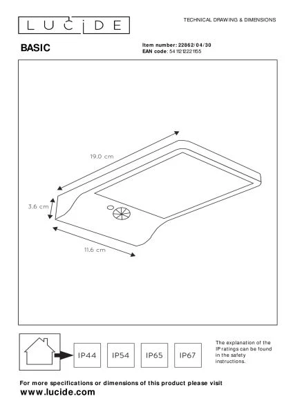 Lucide BASIC - Wandleuchte - Sonnenenergie - LED - 1x3W 2700K - IP44 - Bewegung und Tag/Nacht-Sensor - Schwarz - technisch